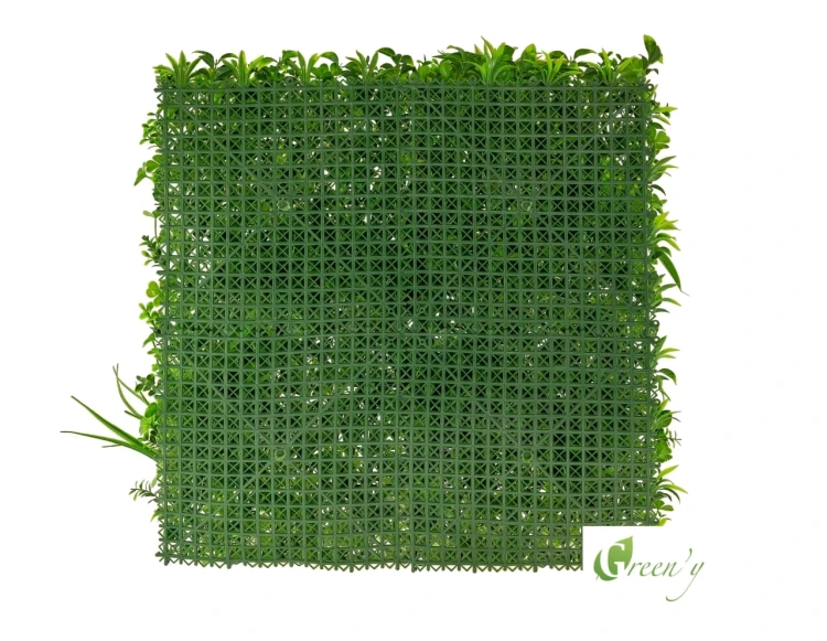 Sztuczne rosliny panel mata 0,5x0,5 m ogrod pionowy ogrod na scianie  ogrod wertykalny sztuczny zywoplot na dekoracje wystroj  wnetrz niepalny  model NB 105-2 polana marki  Green'y widok z tylu od spodu