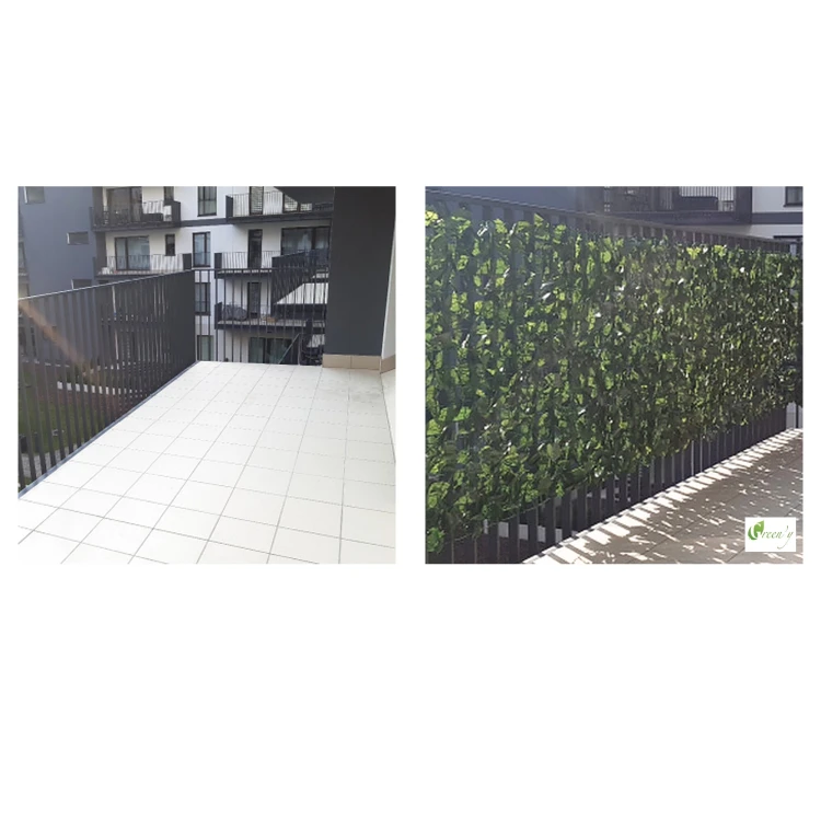 Balustrada balkonu przed i po zamontowaniu sztucznego zywoplotu bluszcz hedera oslona balkonowa Green'y NB 201